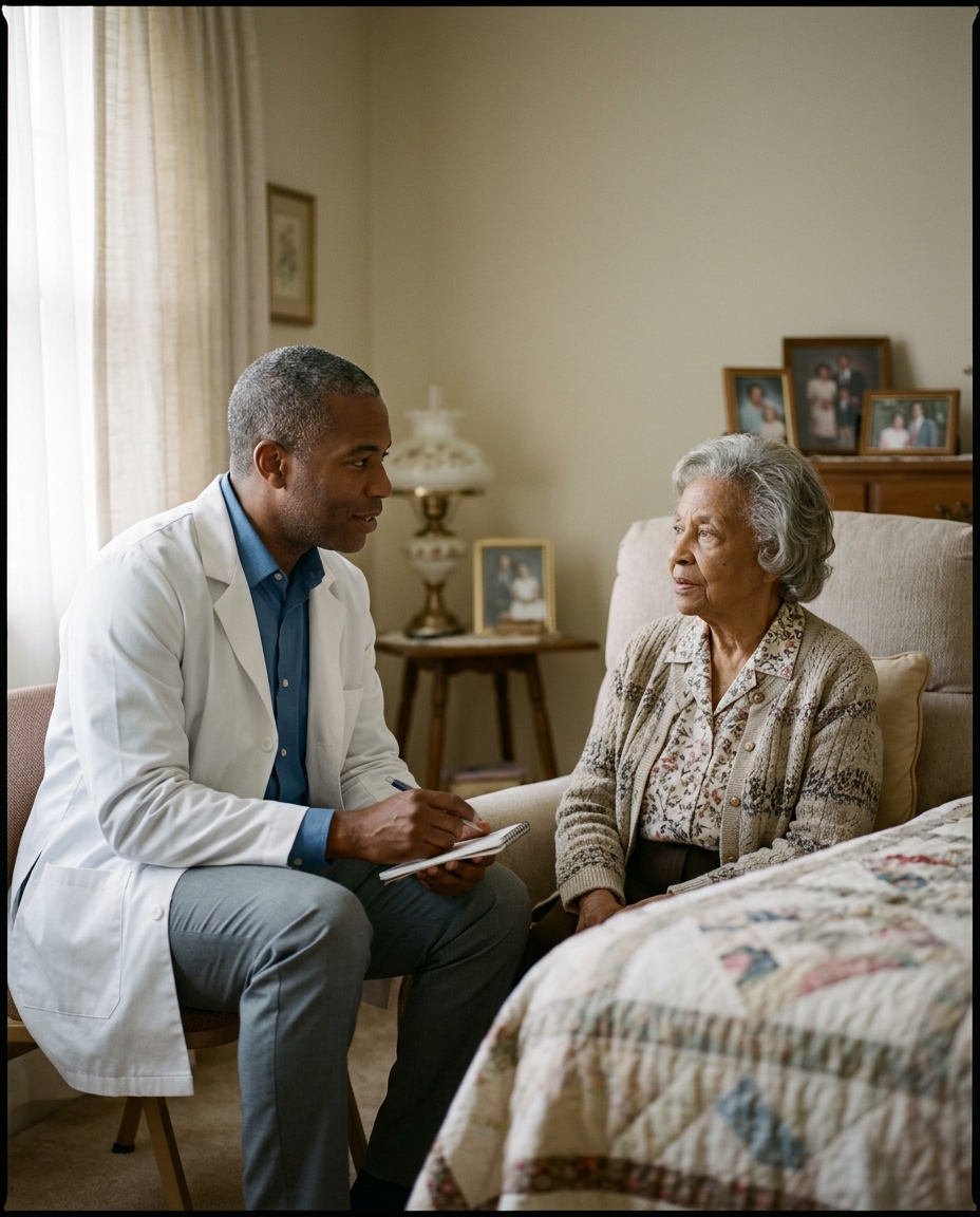 Physician seated beside a resident in her own bedroom, natural window light