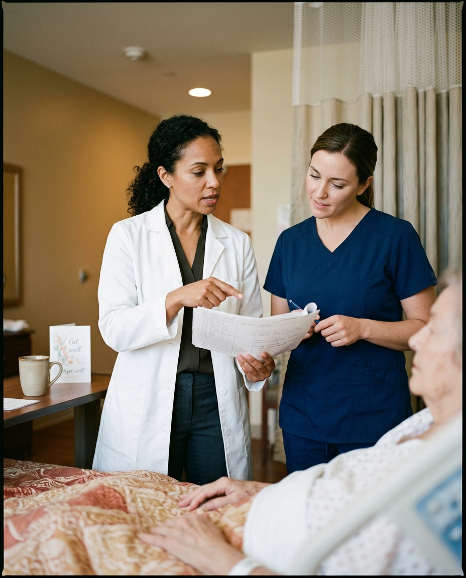 Physician and facility nurse conferring at a resident's bedside