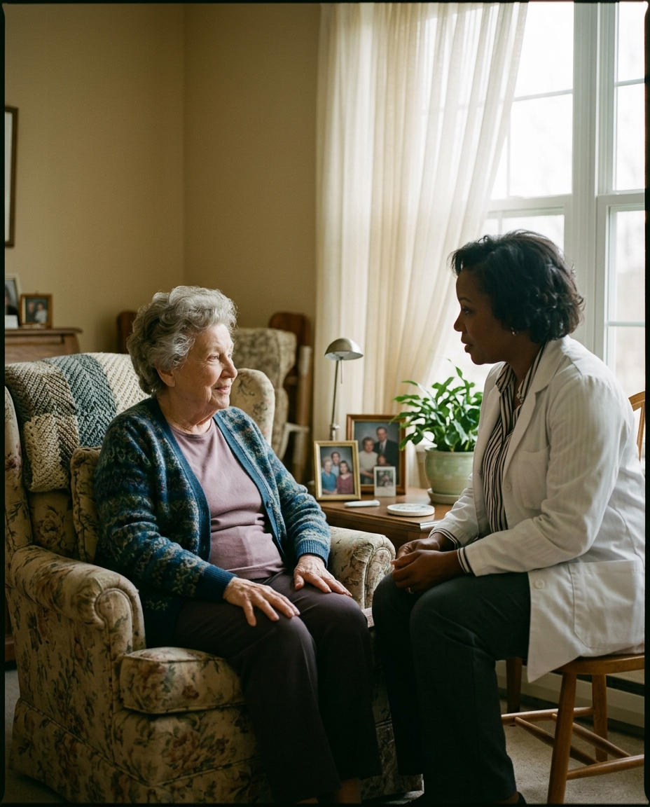 Resident seated in her own apartment with her physician at eye level