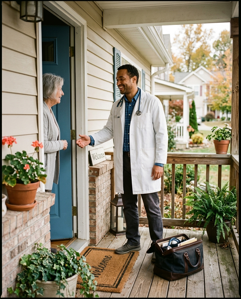 Physician at a patient's front door, medical bag on the porch floor
